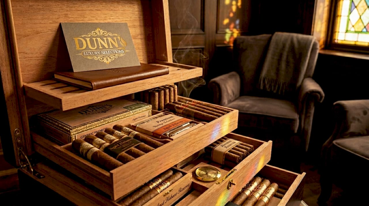Open cigar humidor with cedar shelving and cigars