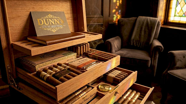 Open cigar humidor with cedar shelving and cigars