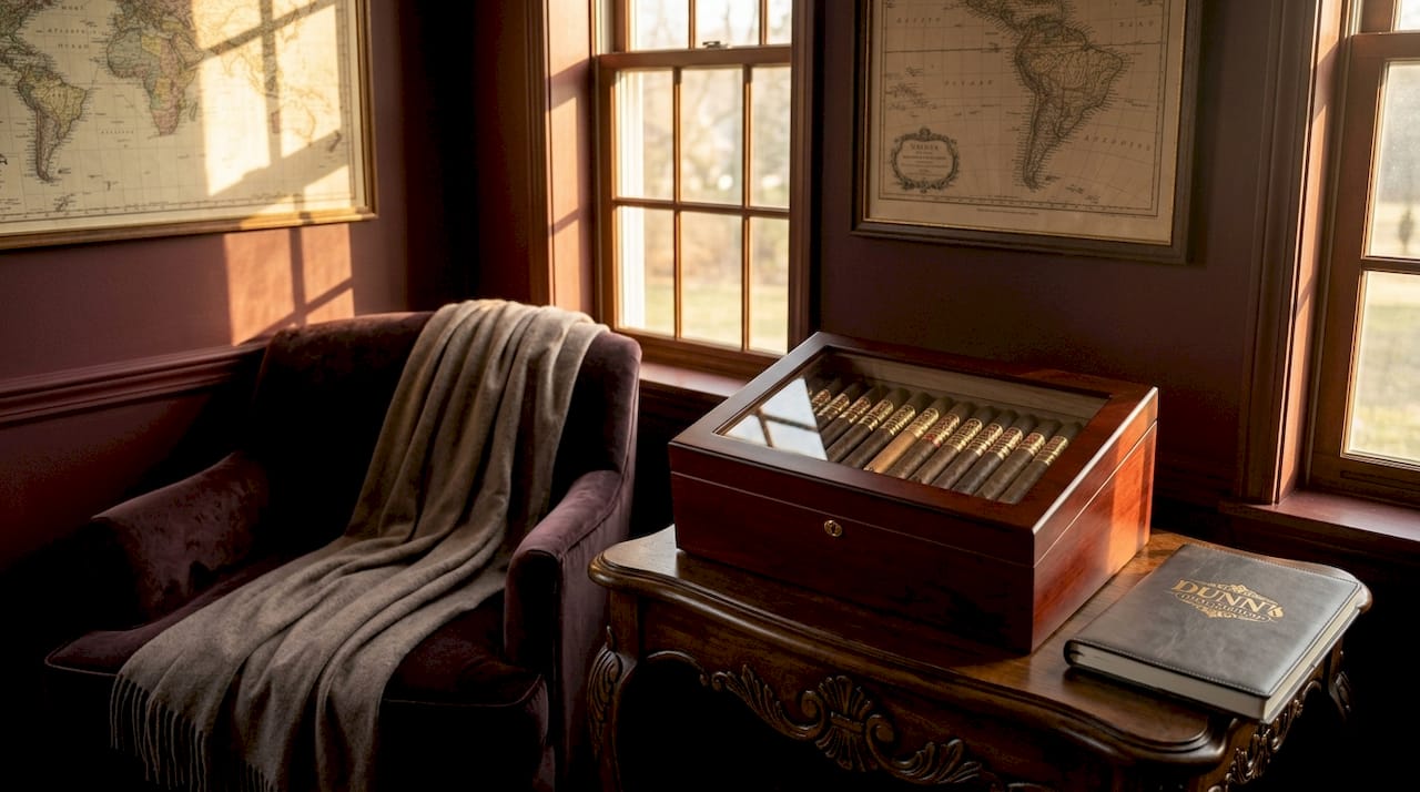 Humidor on side table in sunlit room corner