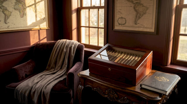 Humidor on side table in sunlit room corner