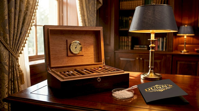 Open wooden humidor with cigars and hygrometer