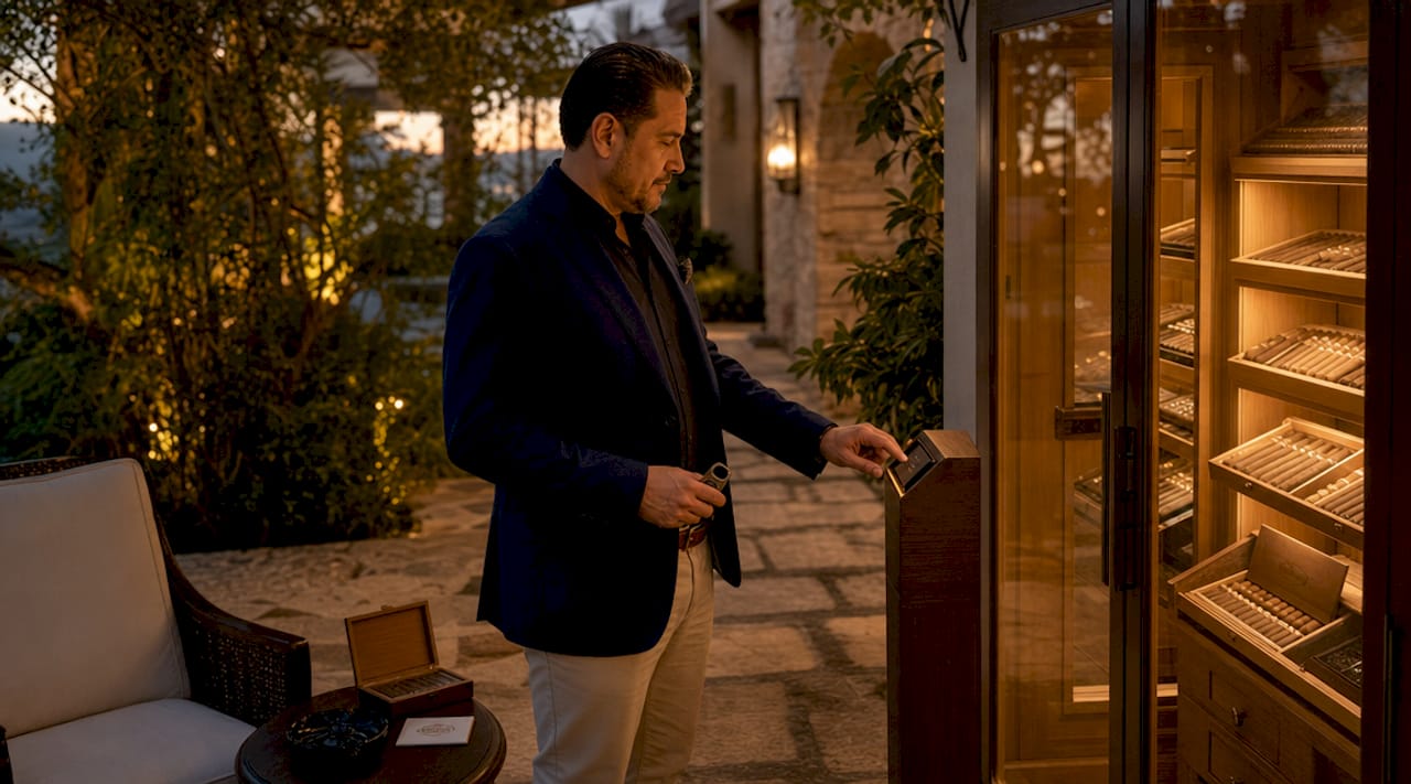 Man adjusting digital control on luxury cigar humidor