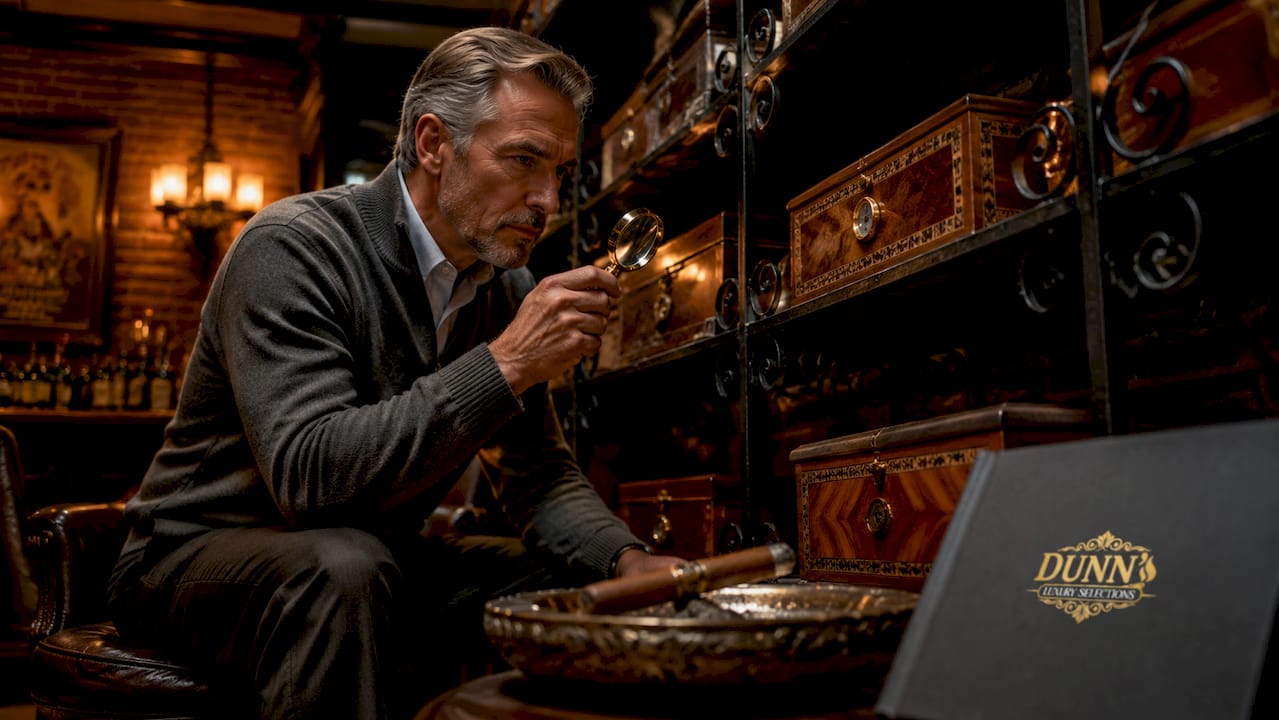 Man inspecting luxury cigar humidors in lounge