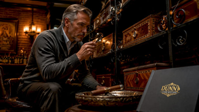 Man inspecting luxury cigar humidors in lounge