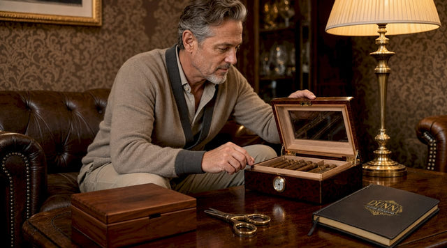 Collector inspecting humidor insulation inside study