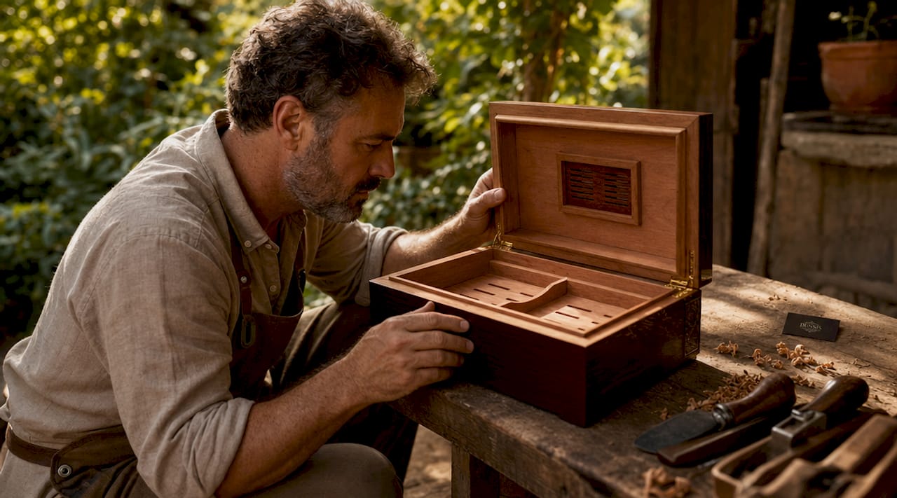 Craftsman inspecting cedar lining inside humidor