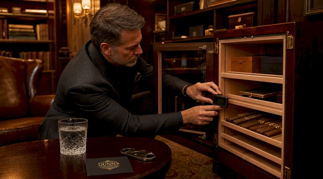 Man placing digital hygrometer in humidor