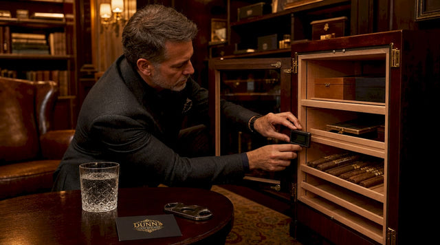 Man placing digital hygrometer in humidor