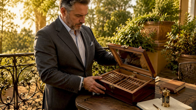 Cigar collector inspecting wooden humidor