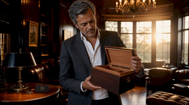 Man examining luxury humidor in a study
