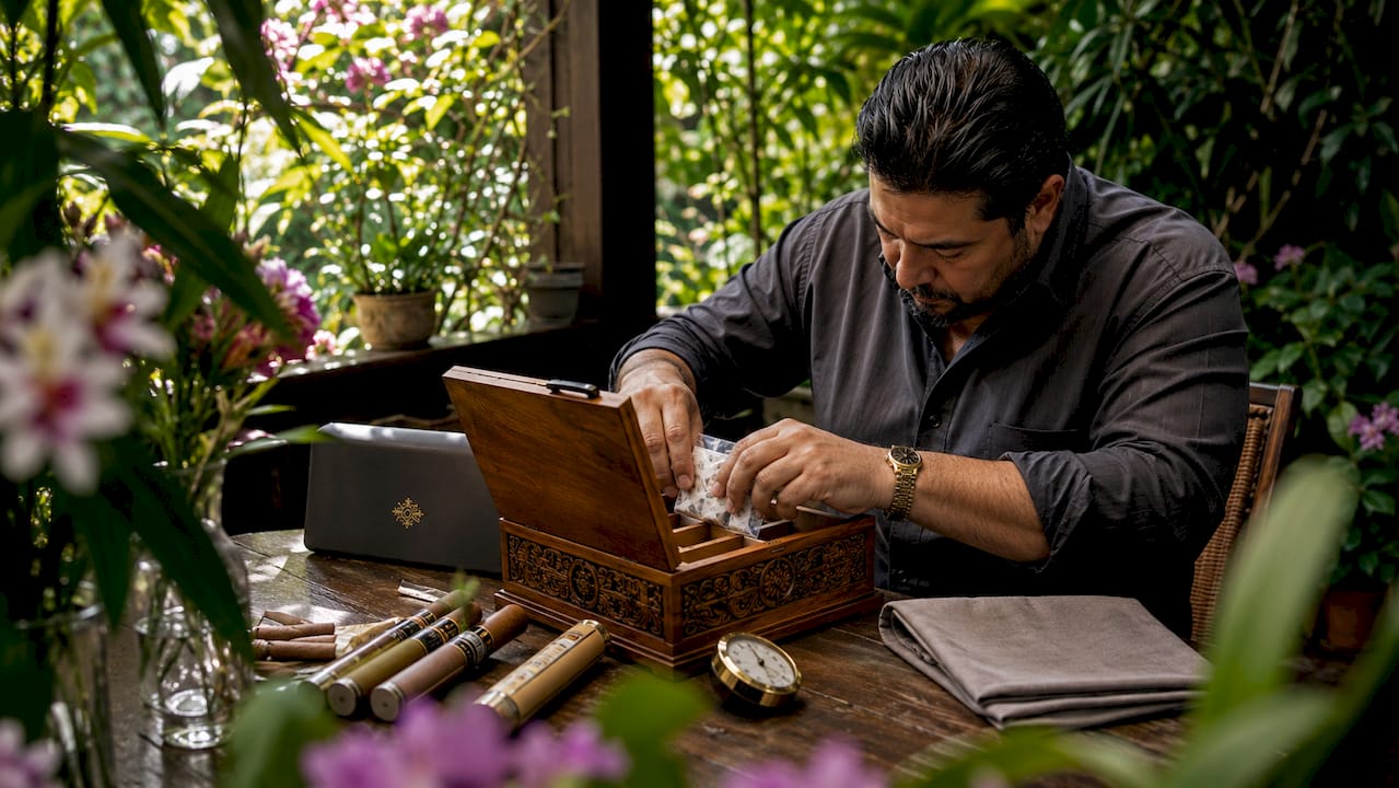Person adjusting humidor humidity packs indoors