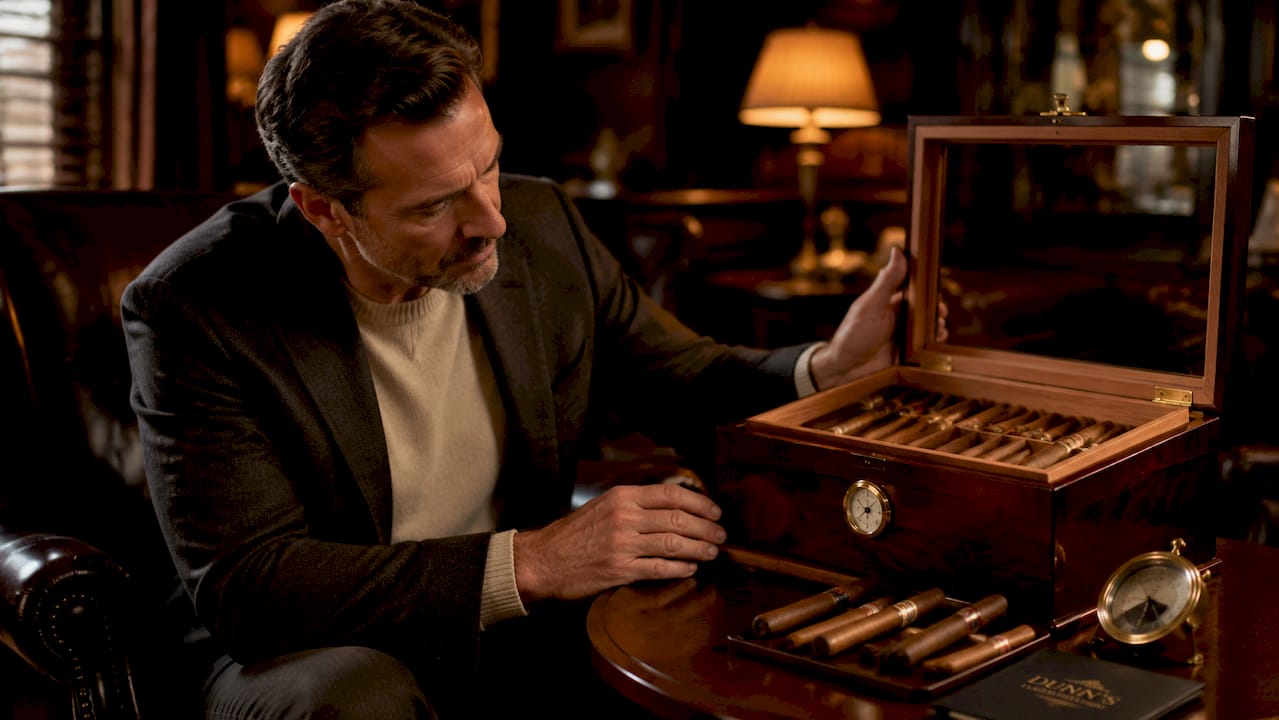 Man inspecting cigar humidor in wood-paneled study