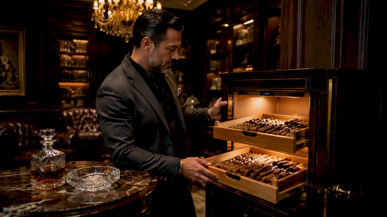 Man inspecting dual-zone cigar humidor interior
