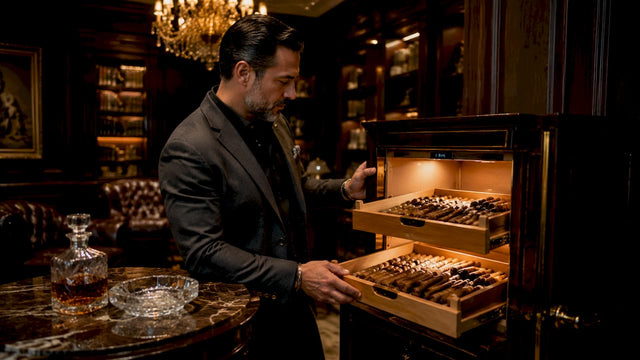 Man inspecting dual-zone cigar humidor interior