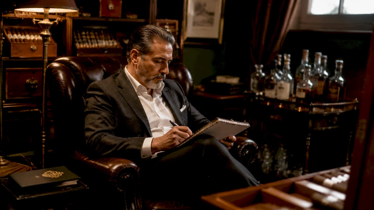 Collector cataloging cigars in humidor room