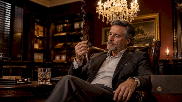 Man savoring premium cigar in lounge