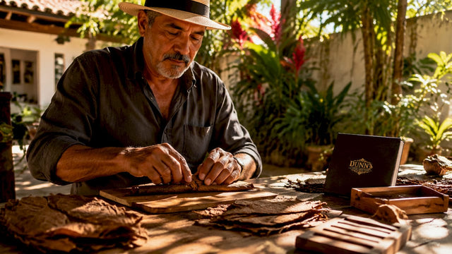 Cigar artisan hand-rolling tobacco leaf