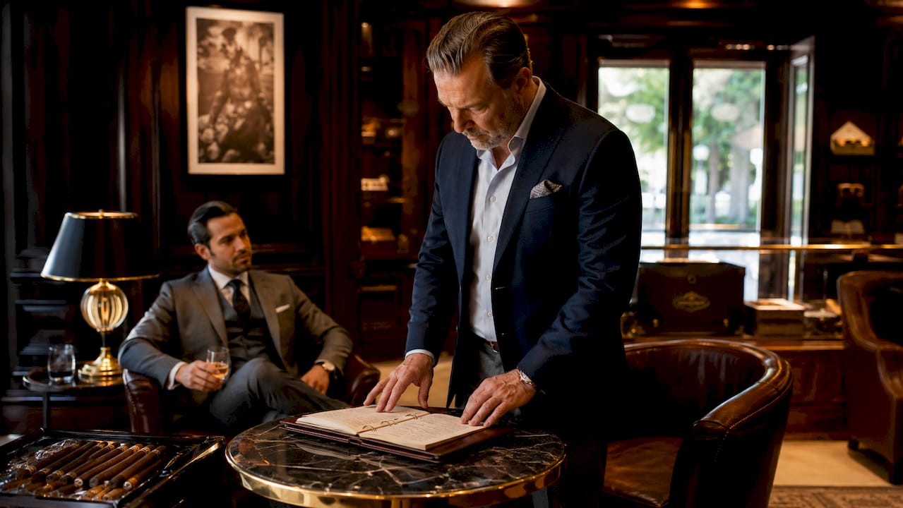 Guest signing humidor access log at entrance