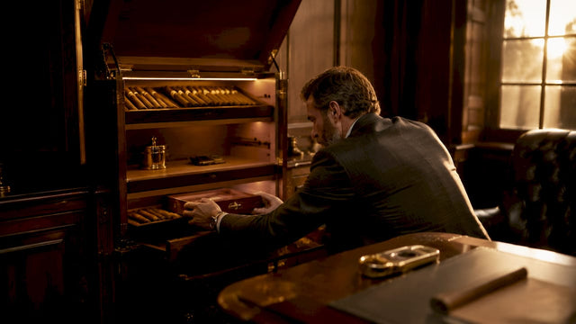 Interior of humidor with LED lighting and cigars