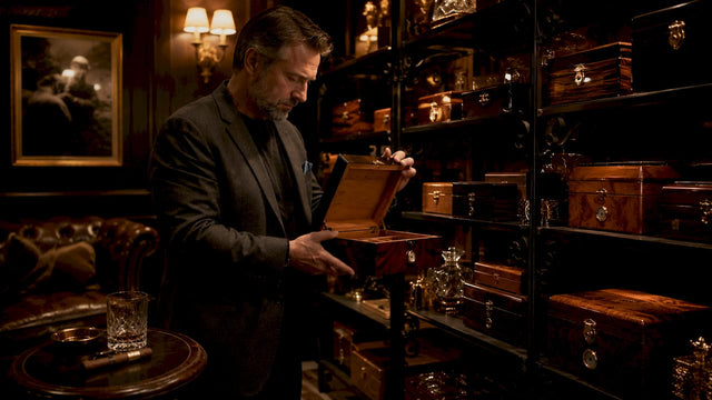 Man inspecting luxury cigar humidors on shelves
