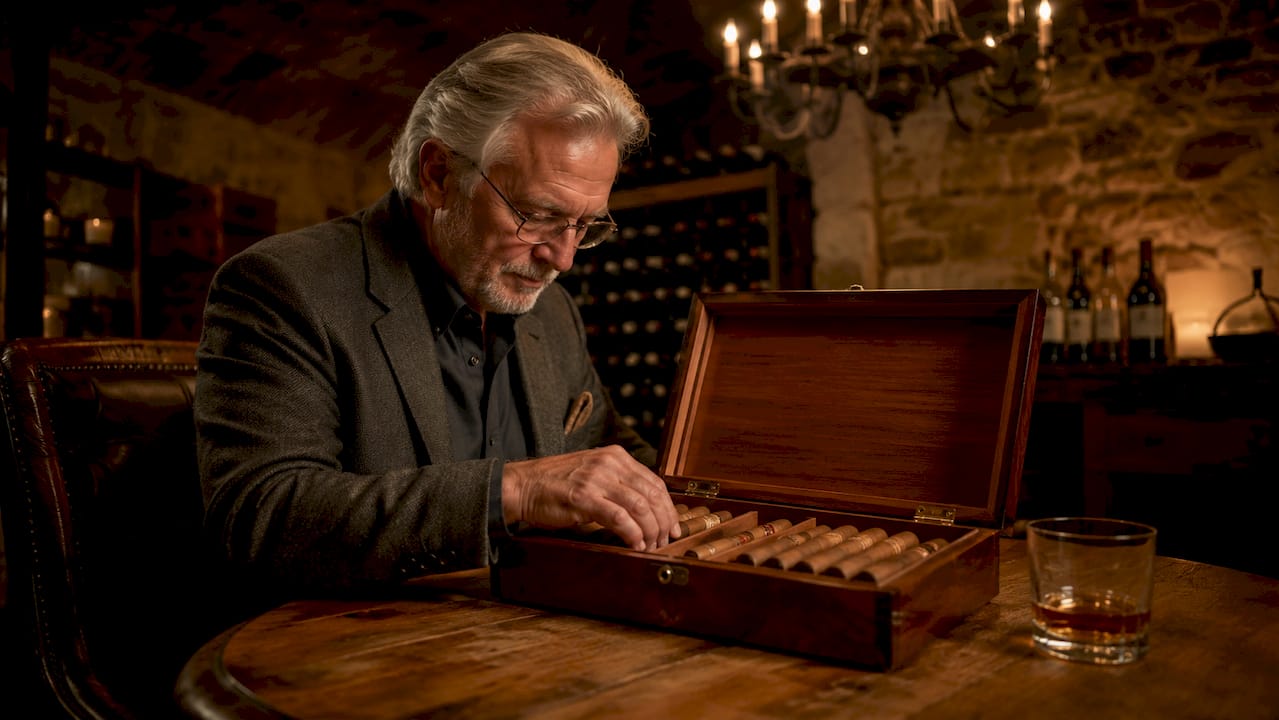 Man inspecting cigars inside humidor