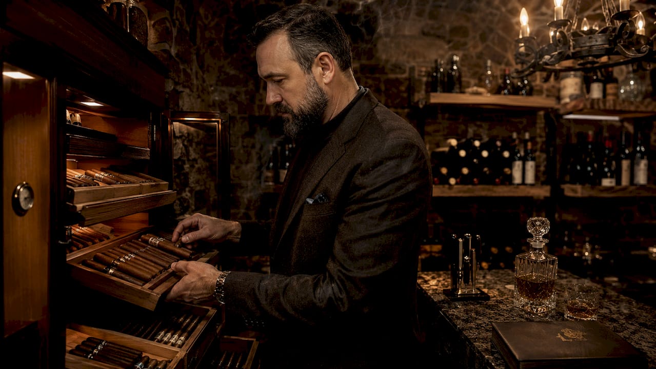 Man organizing cigars in multi-level humidor cabinet