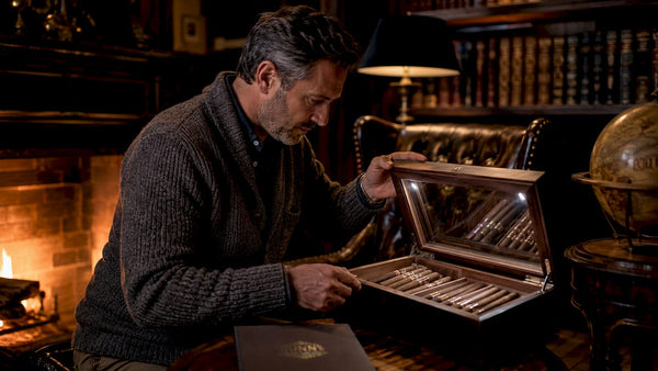 Man examining illuminated humidor interior