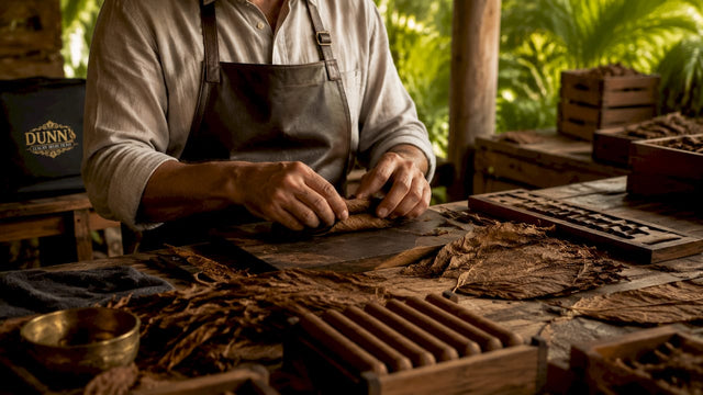 Artisan hand-rolling cigars in workshop