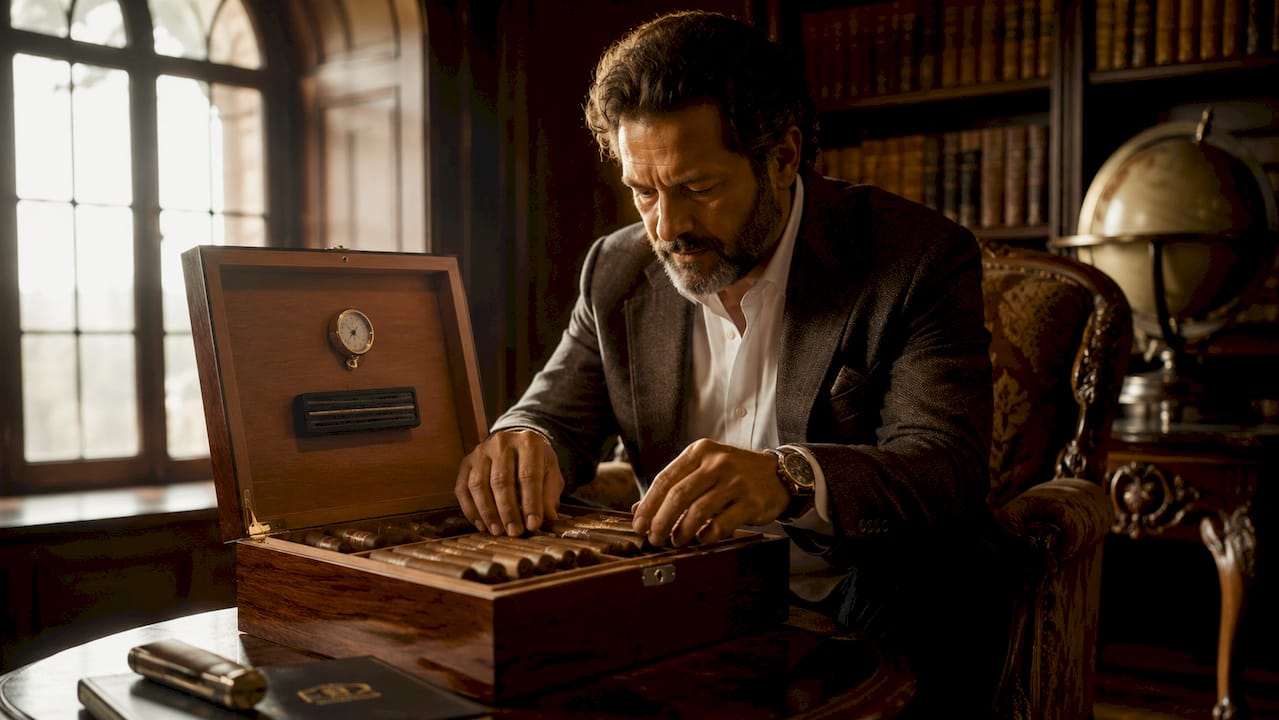 Man rotating cigars inside desktop humidor