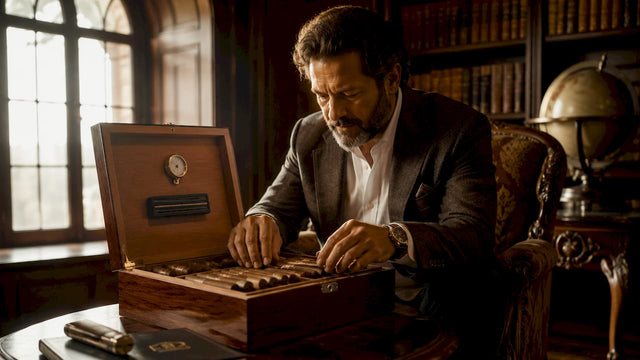 Man rotating cigars inside desktop humidor
