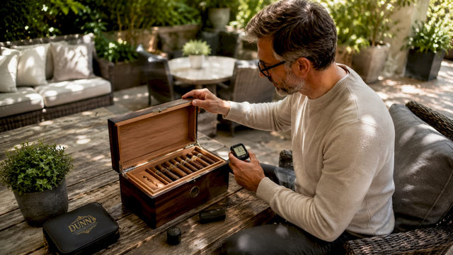 Man inspecting backup humidor in home study
