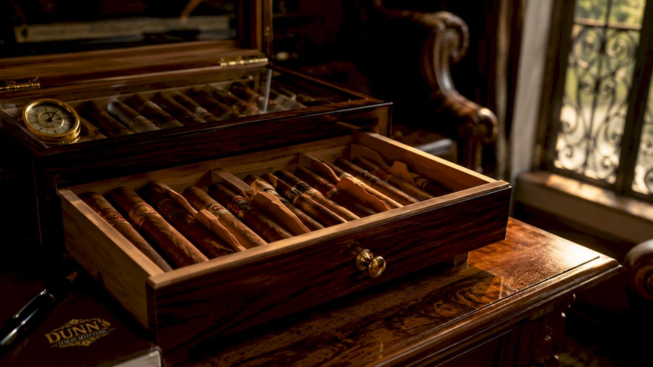 Open cedar-lined humidor with cigars and cedar sheets