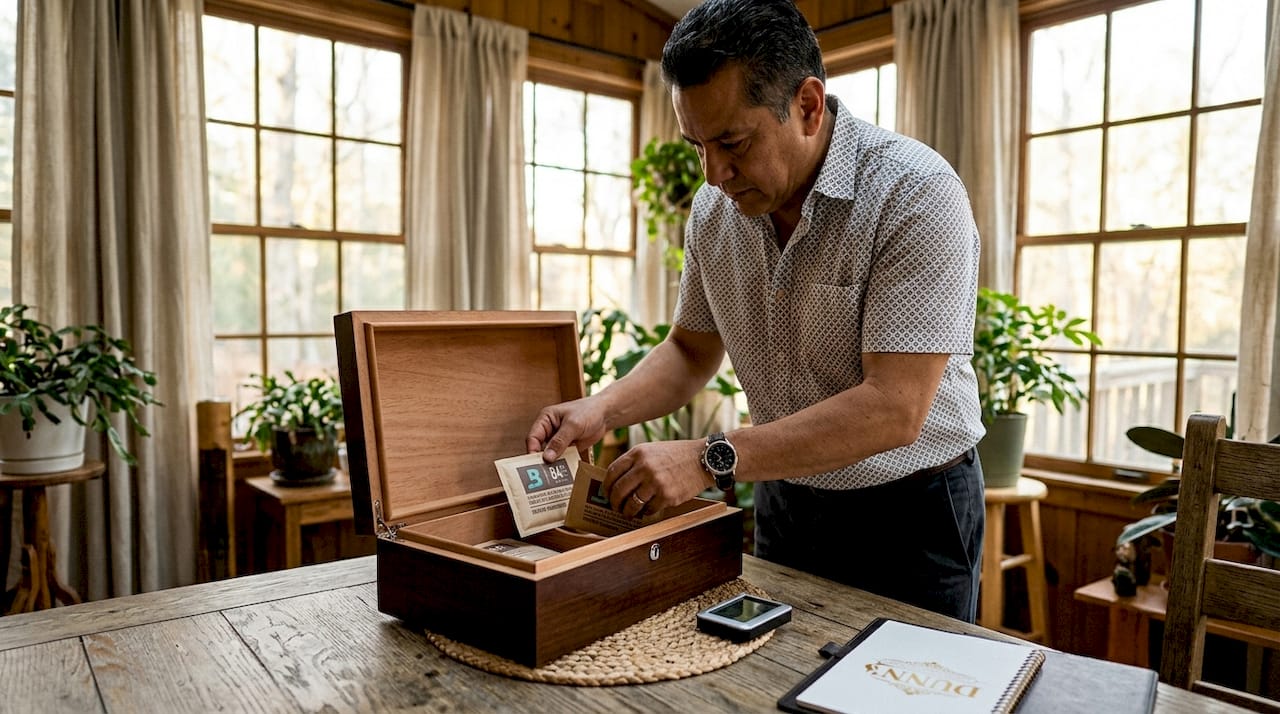 Hands setting up humidor seasoning kit inside wooden humidor