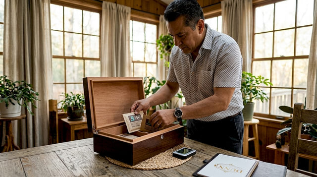 Hands setting up humidor seasoning kit inside wooden humidor