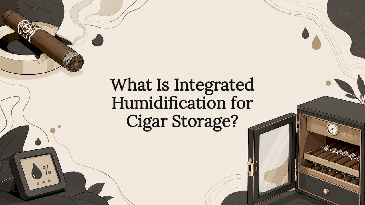 Decorative title card illustration with cigar and humidor elements
