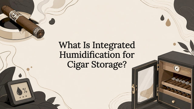 Decorative title card illustration with cigar and humidor elements