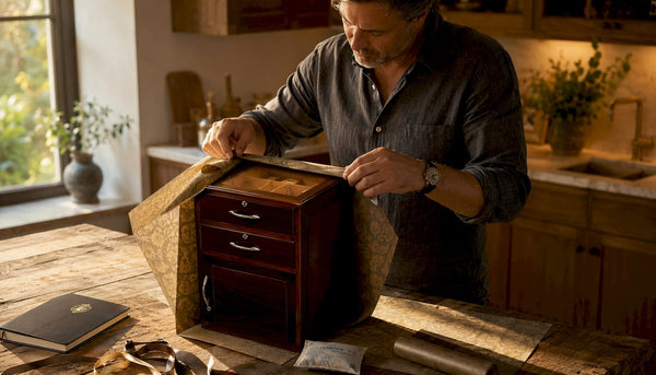 Man wrapping cigar humidor as gift