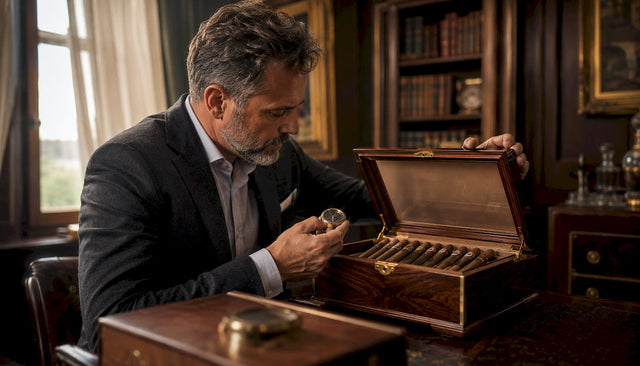 Man inspecting luxury cigar humidor in study