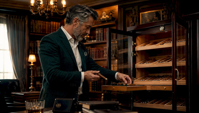 Collector organizing cigars in luxury humidor