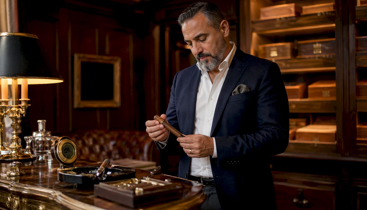 Cigar collector inspecting cigars in walk-in humidor