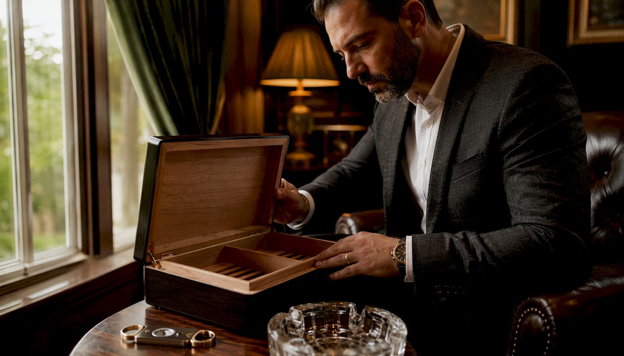 Man inspecting premium wooden humidor interior
