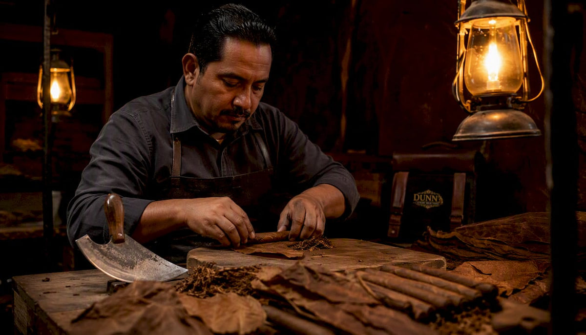 Close-up of hands rolling cigar leaves