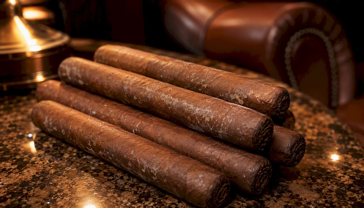 Close-up of cigars with white markings and stains
