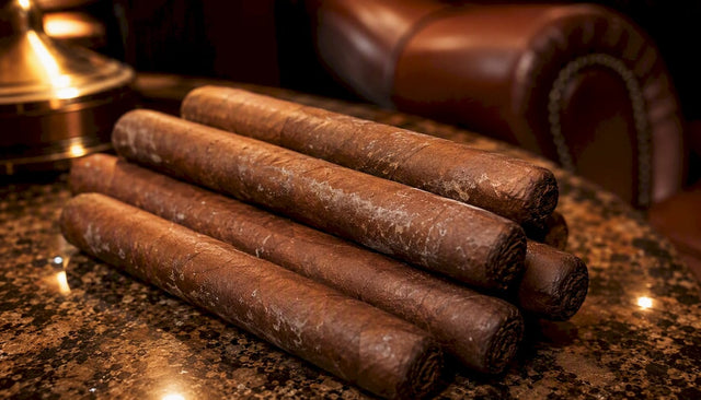 Close-up of cigars with white markings and stains