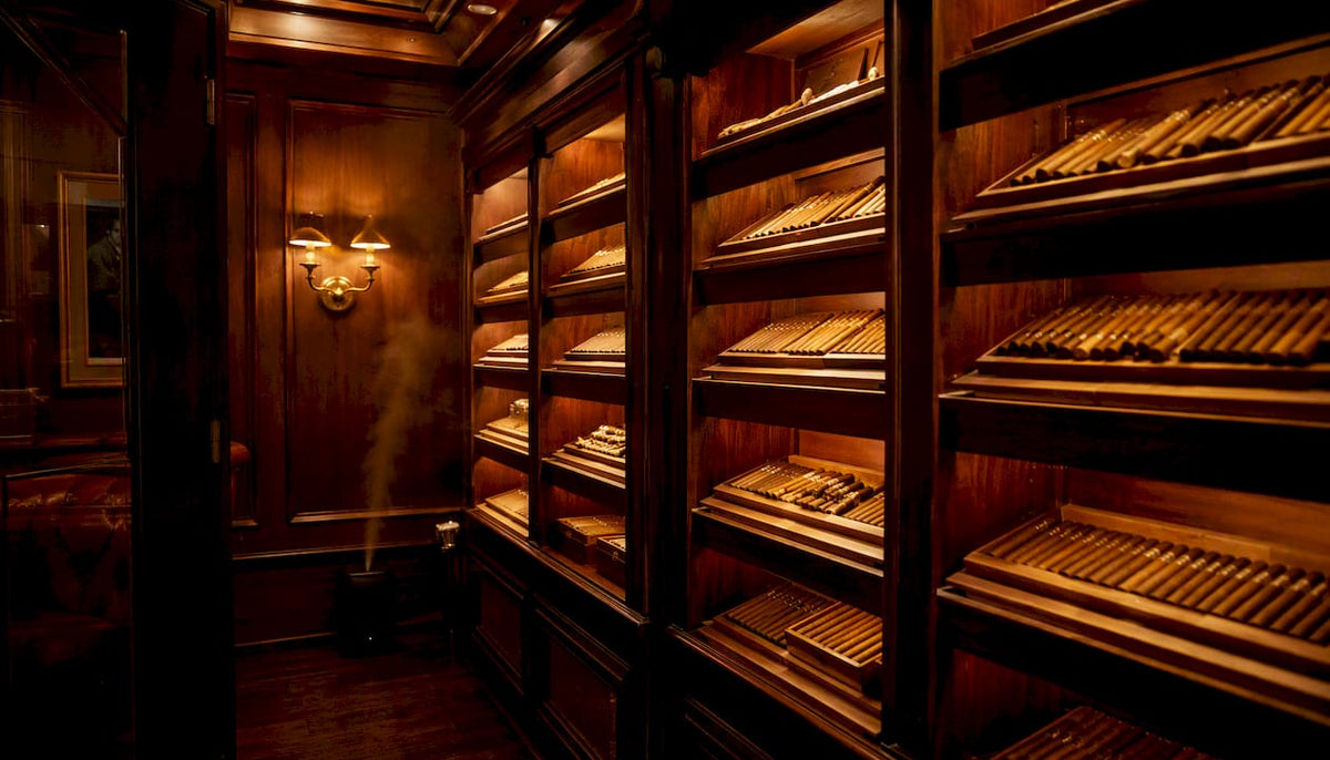 Custom walk-in humidor interior with cigars