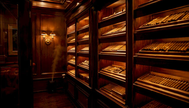Custom walk-in humidor interior with cigars