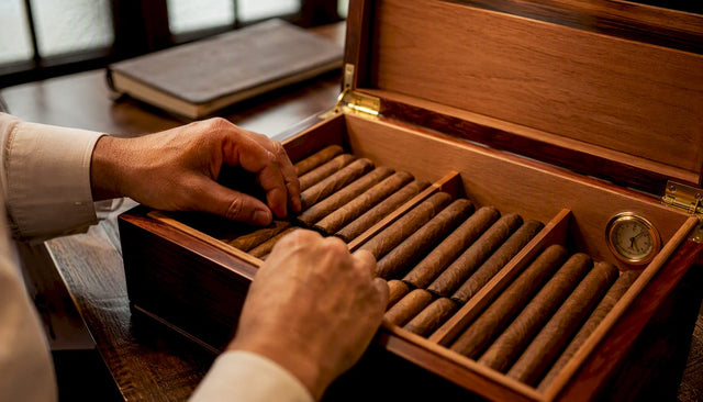 Hands arranging cigars inside premium wooden humidor