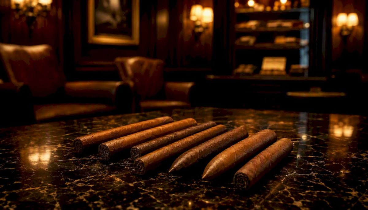 Close-up of assorted premium cigar shapes