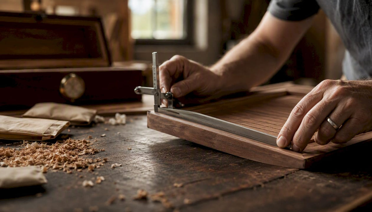 Hands checking warped humidor door with tools
