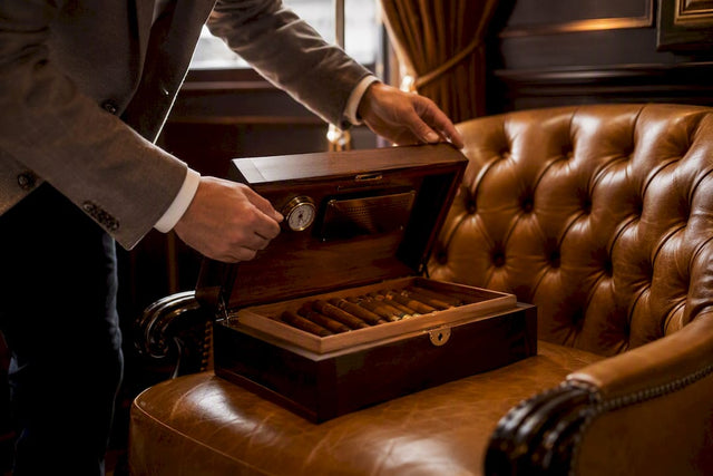 Hands packing cigars into travel humidor